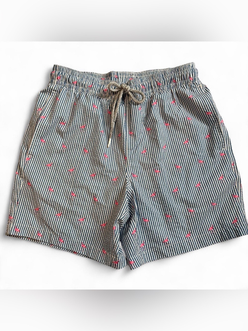 RAINFOREST Navy and White Striped Seersucker Shorts with Pink Flamingos